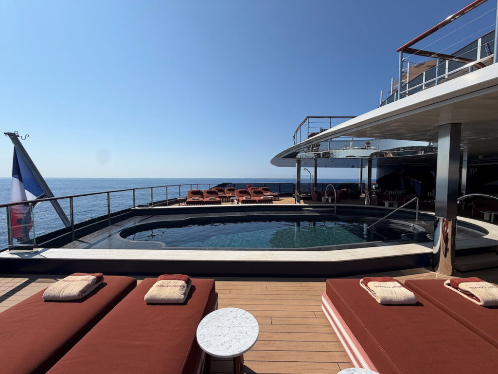 Four Nights Aboard Orient Express Corinthian From Monaco To Rome (Reader Review) Pool with lowered water level exposing the tiled shallow shelf aboard Orient Express Corinthian