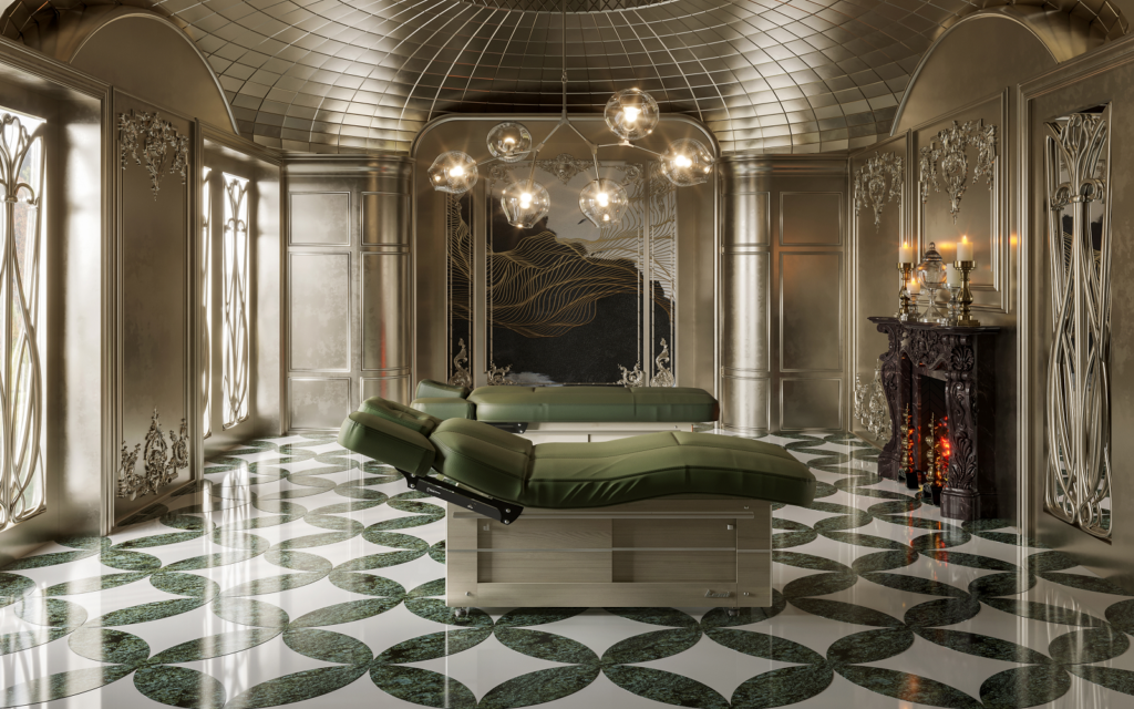 The Art of Absolute Welcoming: the sensory journey of Florence and Versus Florence Spa bed from Lemi Group in period setting with gilt and marble interior
