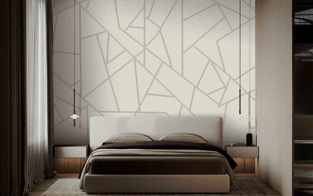 Gilded Edge: a new expression of metallic luxury murapsec gilded edge wallcovering behind bed