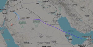 Flight path map showing flydubai flight FZ1073 diverting from its Dubai-Tel Aviv route to land in Tabuk, Saudi Arabia