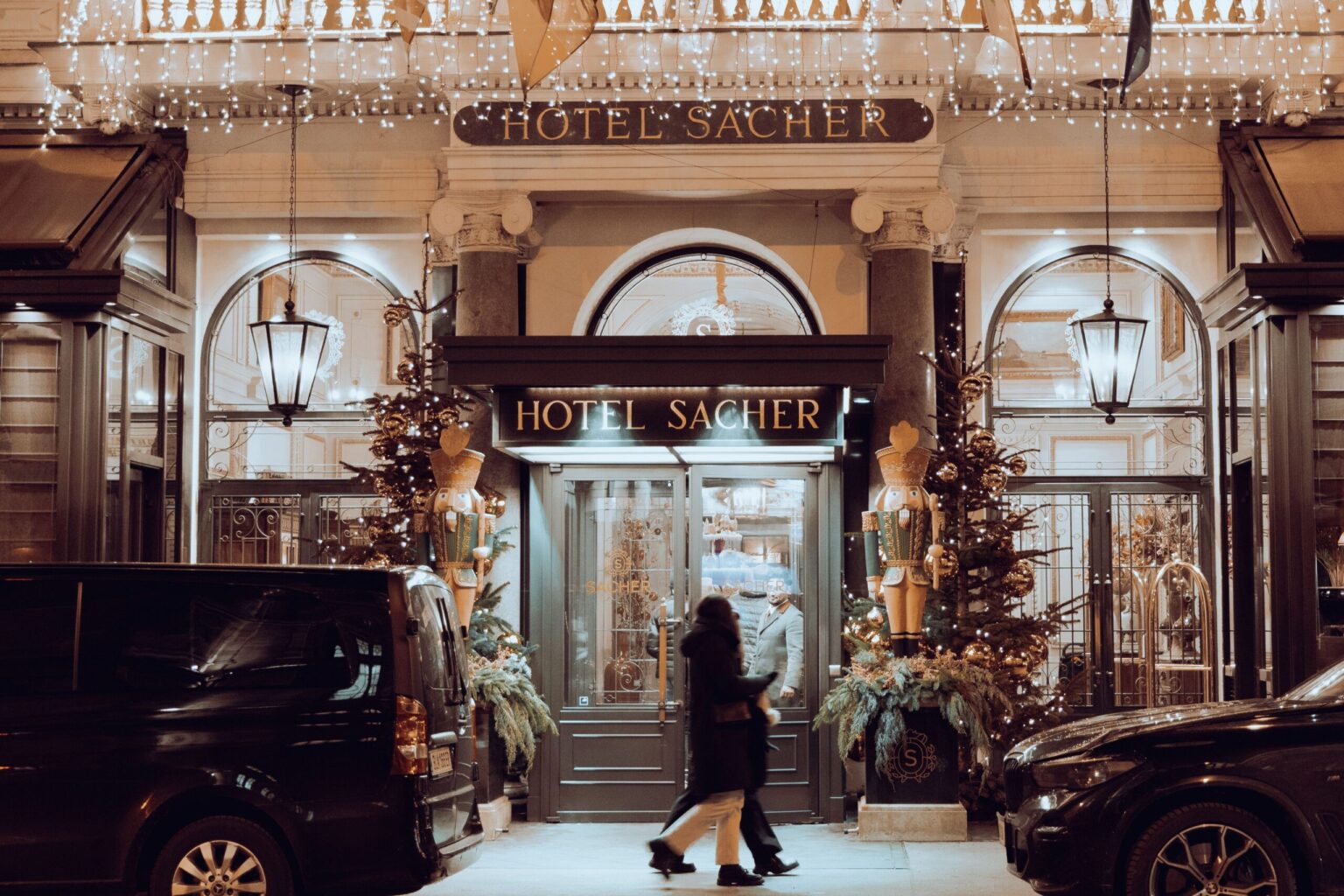 hotel front facade winter scene