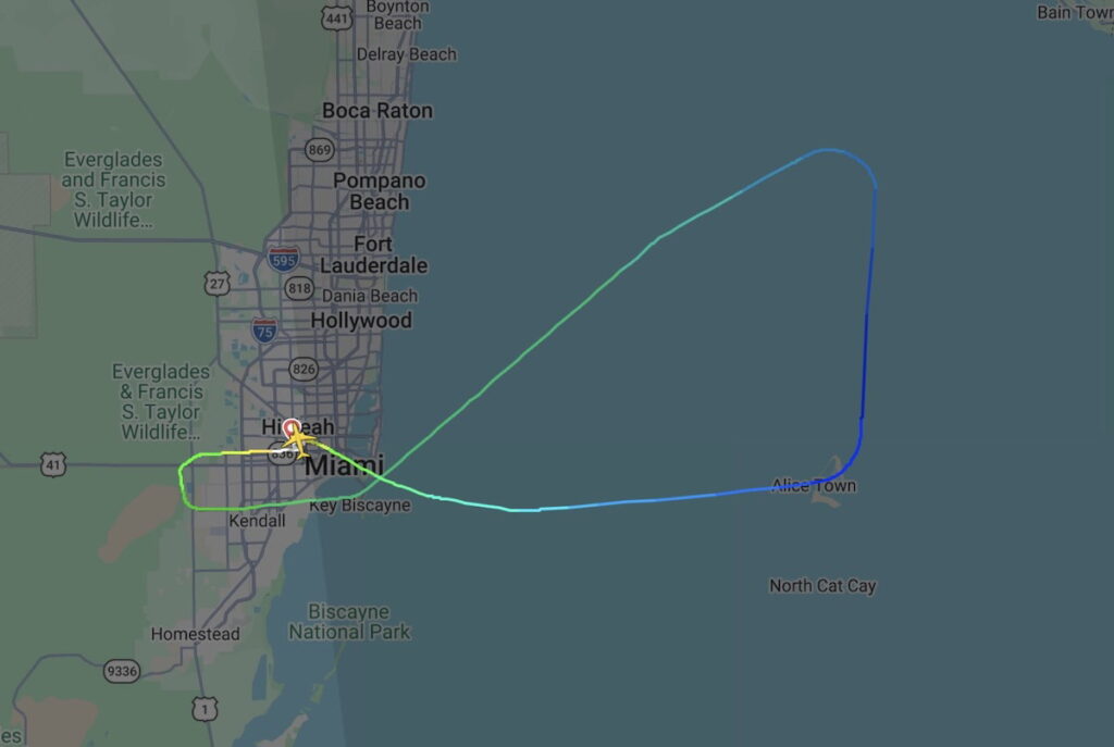 American Flight Returns To Miami Over Water Request Dispute (Guyana’s President Was Onboard) Flight tracking map of American flight AA339 turning back to Miami shortly after departing for Georgetown, Guyana