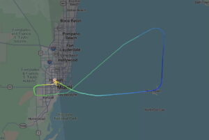 American Flight Returns To Miami Over Water Request Dispute (Guyana’s President Was Onboard) Flight tracking map of American flight AA339 turning back to Miami shortly after departing for Georgetown, Guyana